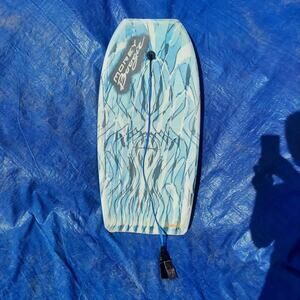 1990's Morey Boogie Body Surf Board w Leash, Blue & White